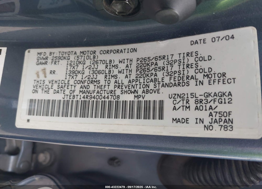 2004 TOYOTA 4RUNNER SR5 V8 VIN: JTEBT14R940044708