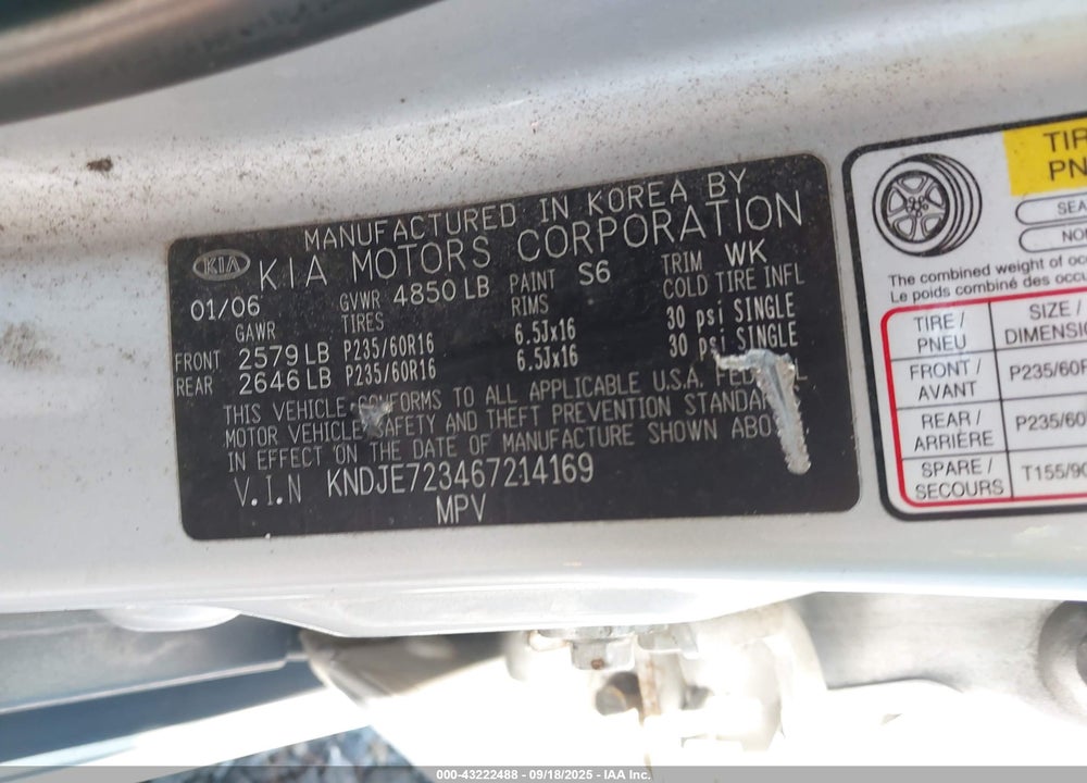 2006 KIA SPORTAGE EX V6/LX V6 VIN: KNDJE723467214169