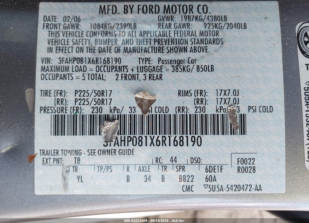 2006 FORD FUSION VIN: 3FAHP081X6R168190