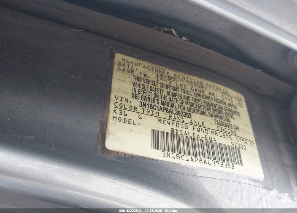 2010 NISSAN VERSA VIN: 3N1BC1AP8AL393352