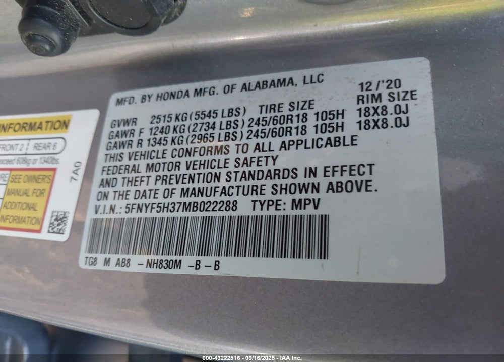 2021 HONDA PILOT VIN: 5FNYF5H37MB022288