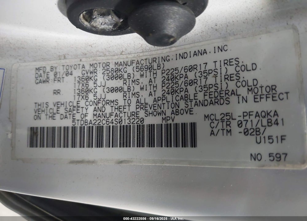 2004 TOYOTA SIENNA XLE LIMITED VIN: 5TDBA22C64S013220
