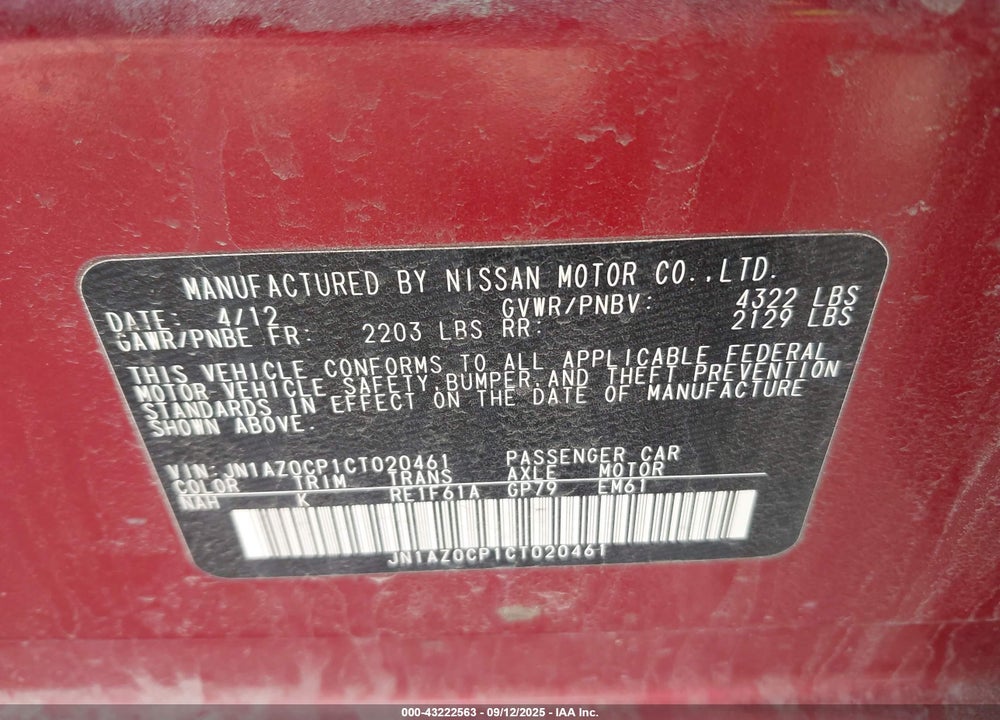 2012 NISSAN LEAF VIN: JN1AZ0CP1CT020461