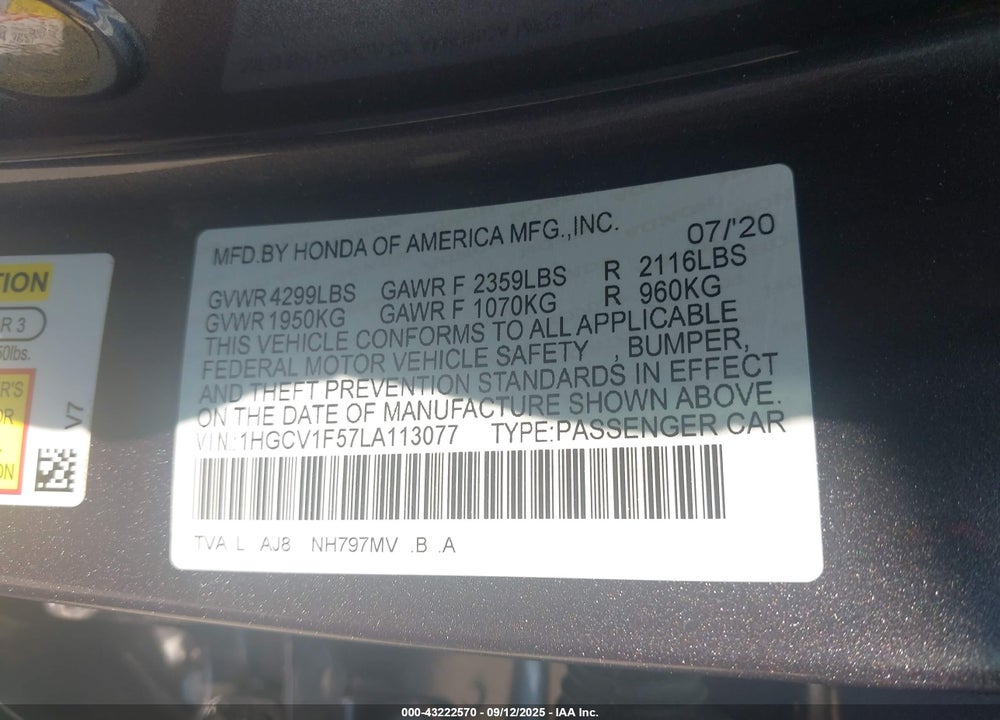 2020 HONDA ACCORD VIN: 1HGCV1F57LA113077