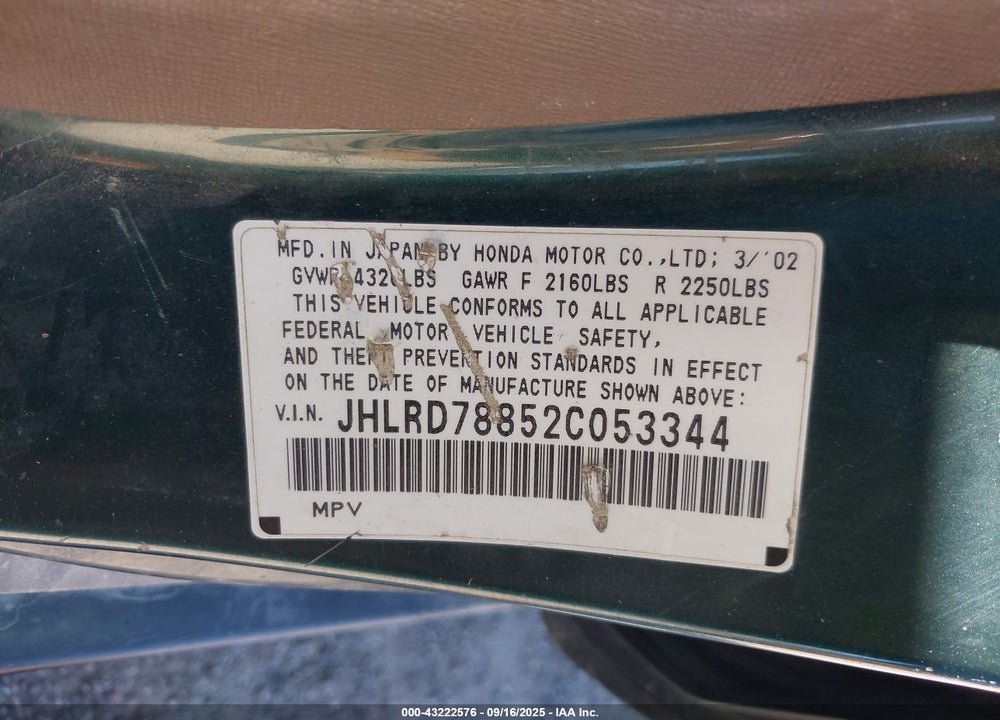 2002 HONDA CR-V EX VIN: JHLRD78852C053344