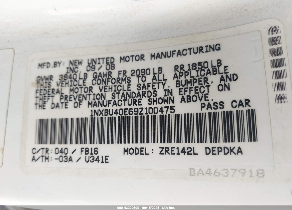 2009 TOYOTA COROLLA VIN: 1NXBU40E69Z100475