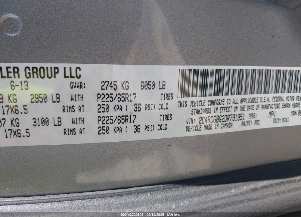 2013 DODGE GRAND CARAVAN SE VIN: 2C4RDGBG2DR791951