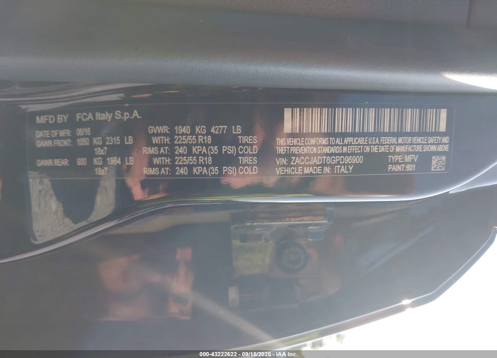 2016 JEEP RENEGADE LIMITED VIN: ZACCJADT6GPD96900