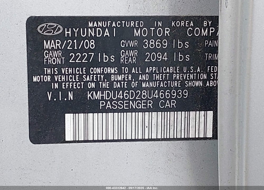 2008 HYUNDAI ELANTRA GLS/SE VIN: KMHDU46D28U466939