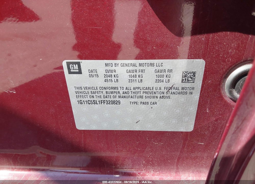 2015 CHEVROLET MALIBU VIN: 1G11C5SL1FF320829