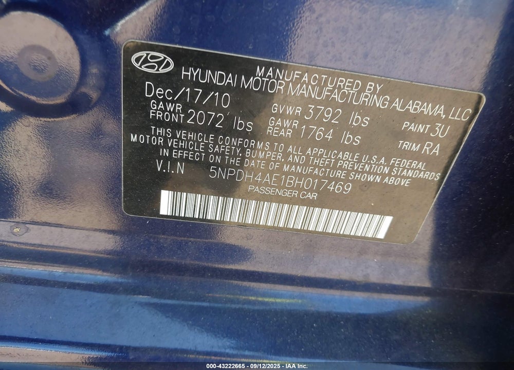 2011 HYUNDAI ELANTRA LIMITED VIN: 5NPDH4AE1BH017469