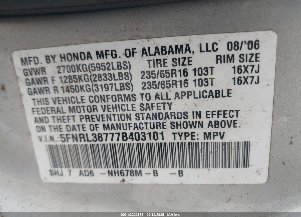 2007 HONDA ODYSSEY EX-L VIN: 5FNRL38777B403101