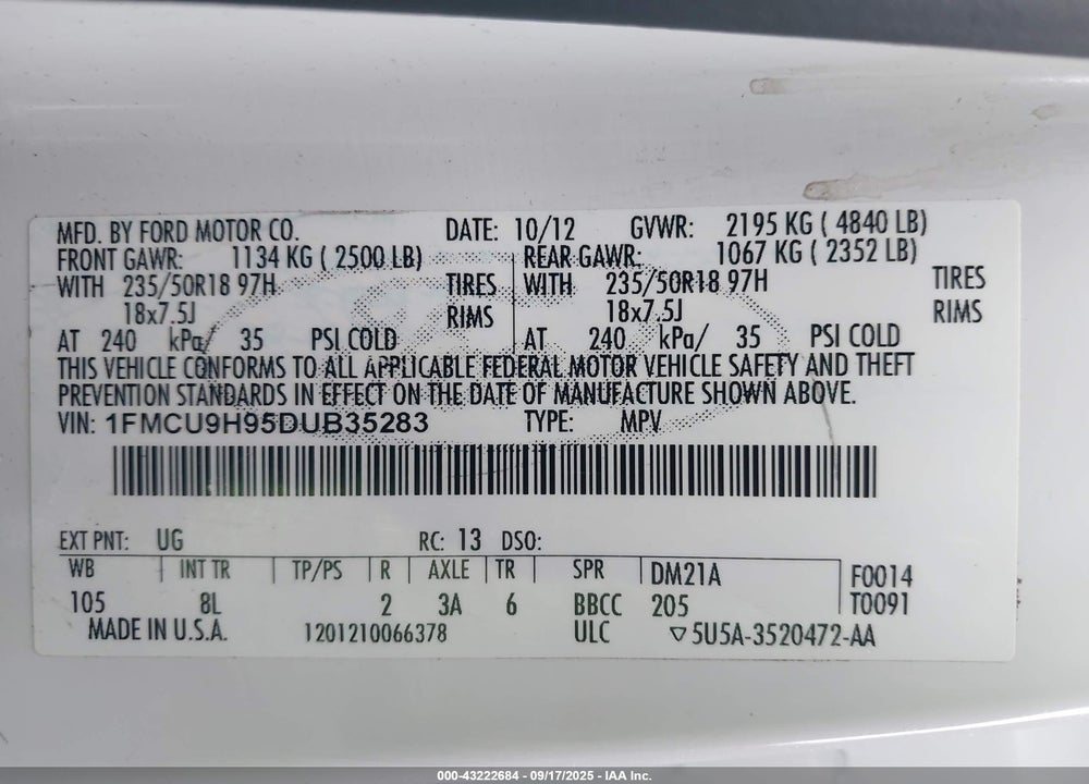 2013 FORD ESCAPE VIN: 1FMCU9H95DUB35283