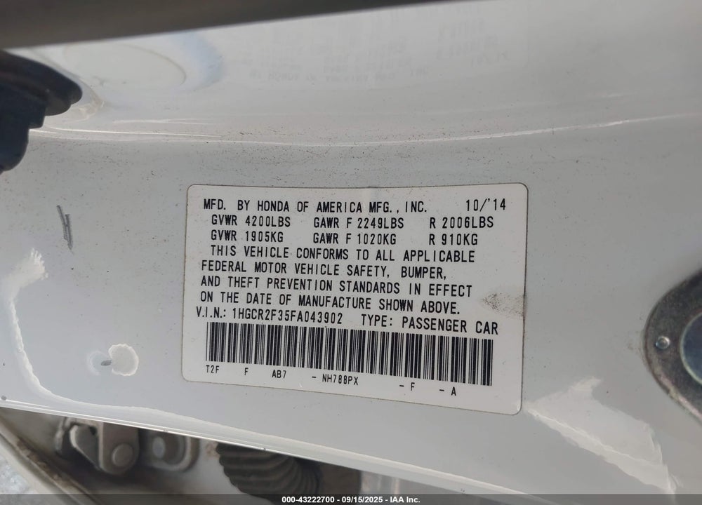 2015 HONDA ACCORD VIN: 1HGCR2F35FA043902