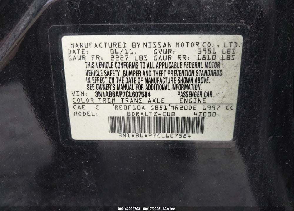 2012 NISSAN SENTRA 2.0 S VIN: 3N1AB6AP7CL607584