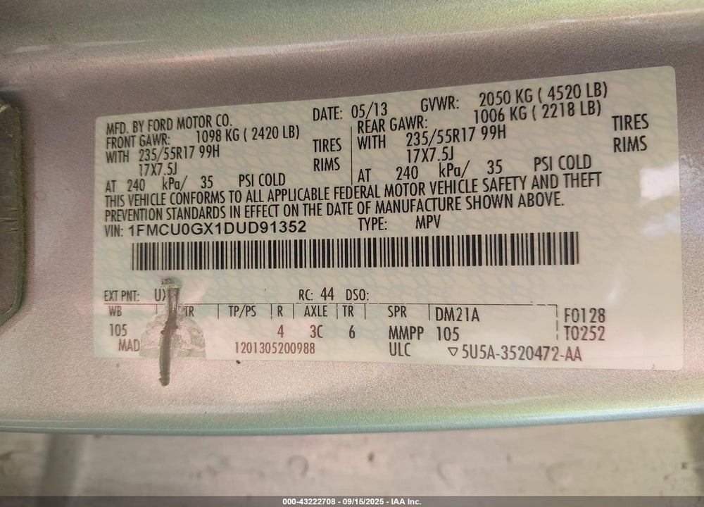 2013 FORD ESCAPE VIN: 1FMCU0GX1DUD91352