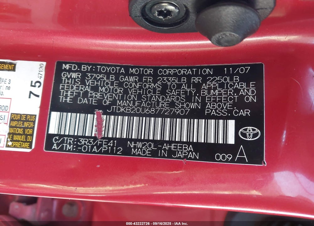 2008 TOYOTA PRIUS VIN: JTDKB20U687727907
