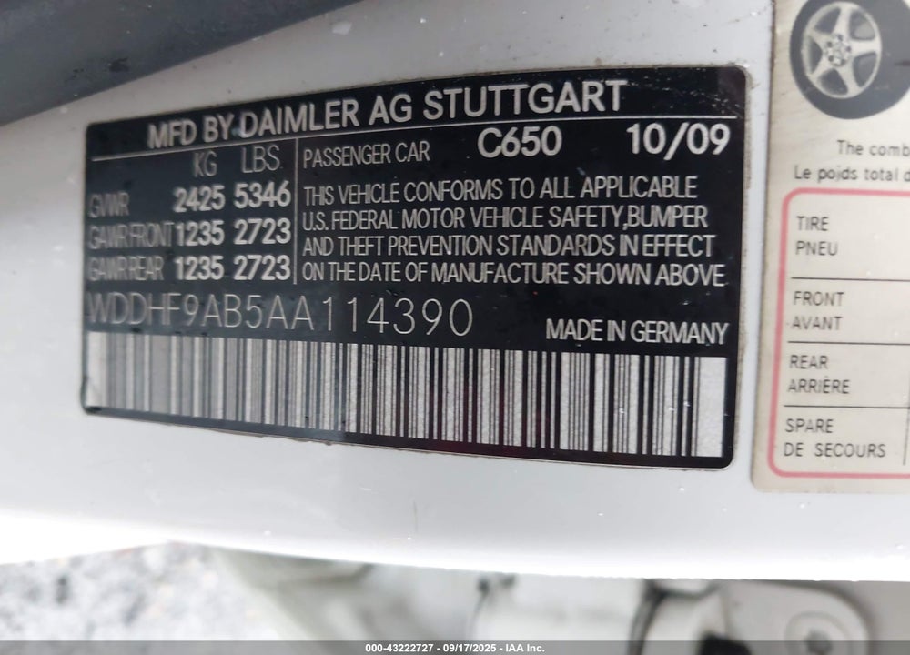 2010 MERCEDES-BENZ E-CLASS VIN: WDDHF9AB5AA114390