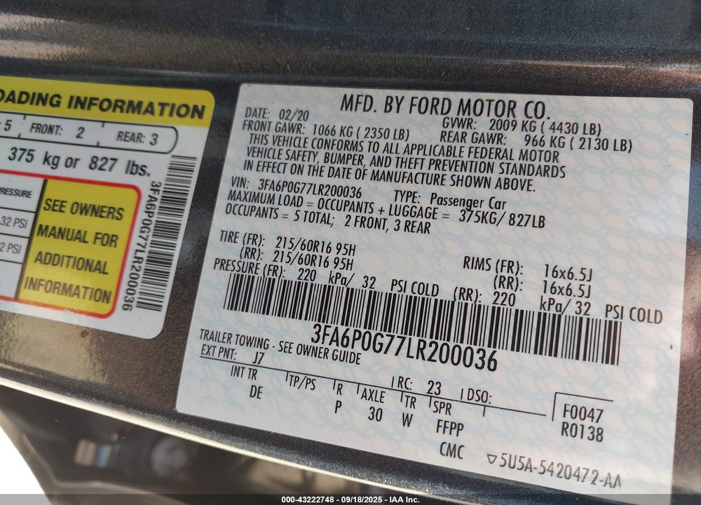 2020 FORD FUSION VIN: 3FA6P0G77LR200036