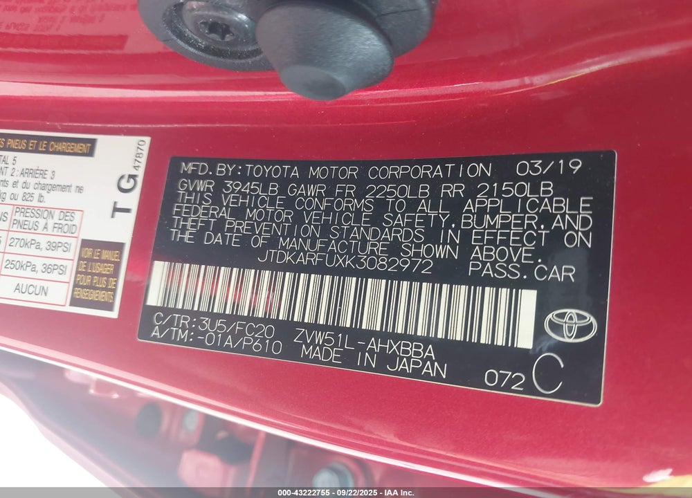 2019 TOYOTA PRIUS L ECO VIN: JTDKARFUXK3082972