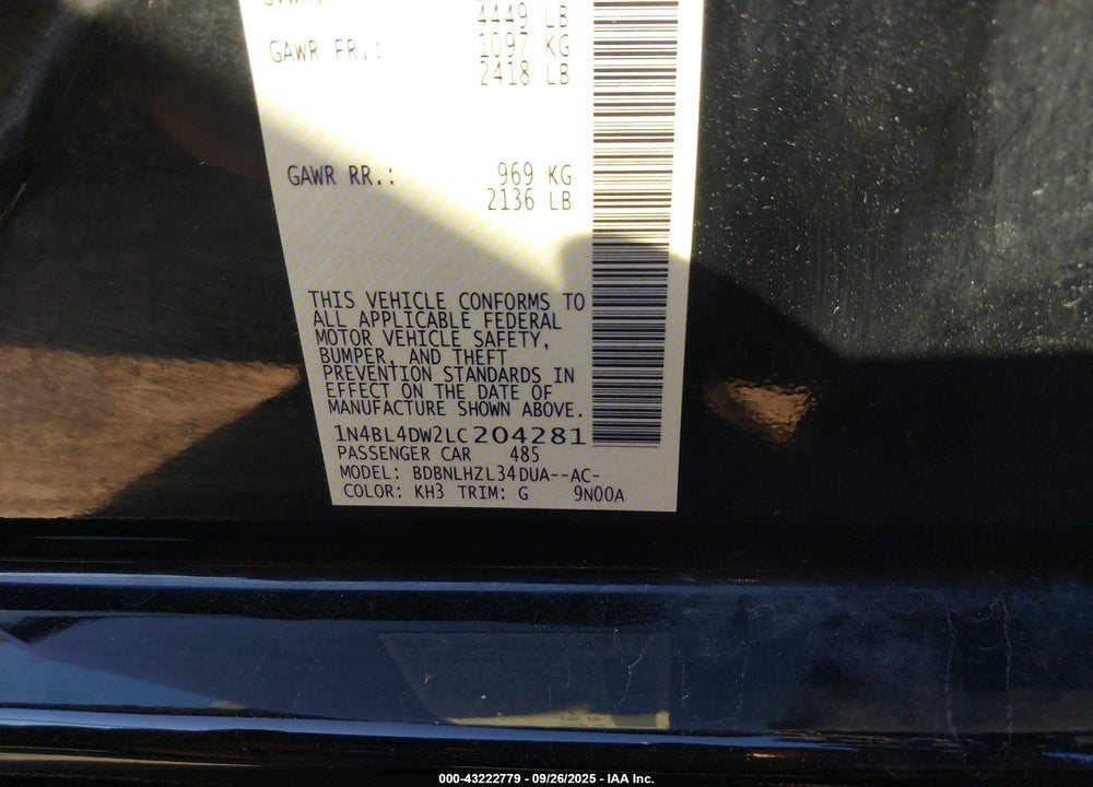2020 NISSAN ALTIMA VIN: 1N4BL4DW2LC204281