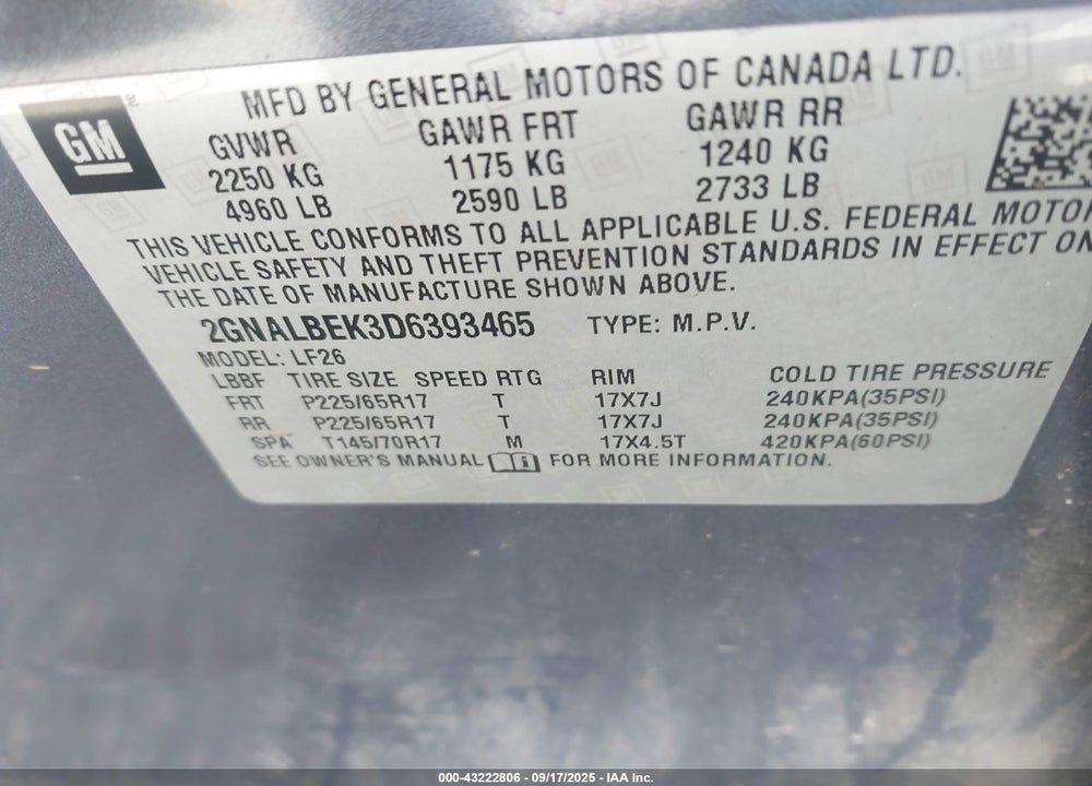2013 CHEVROLET EQUINOX LS VIN: 2GNALBEK3D6393465