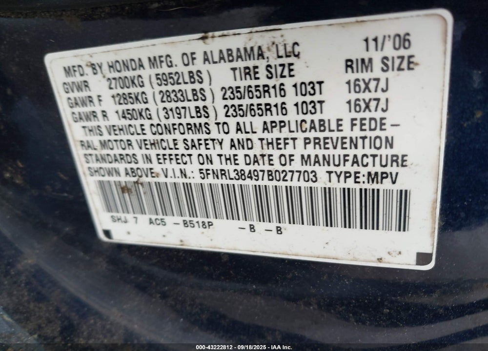 2007 HONDA ODYSSEY EX VIN: 5FNRL38497B027703