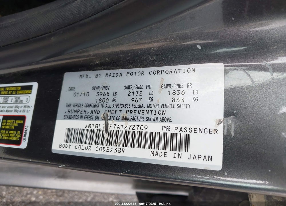 2010 MAZDA 3 VIN: JM1BL1SF7A1272709