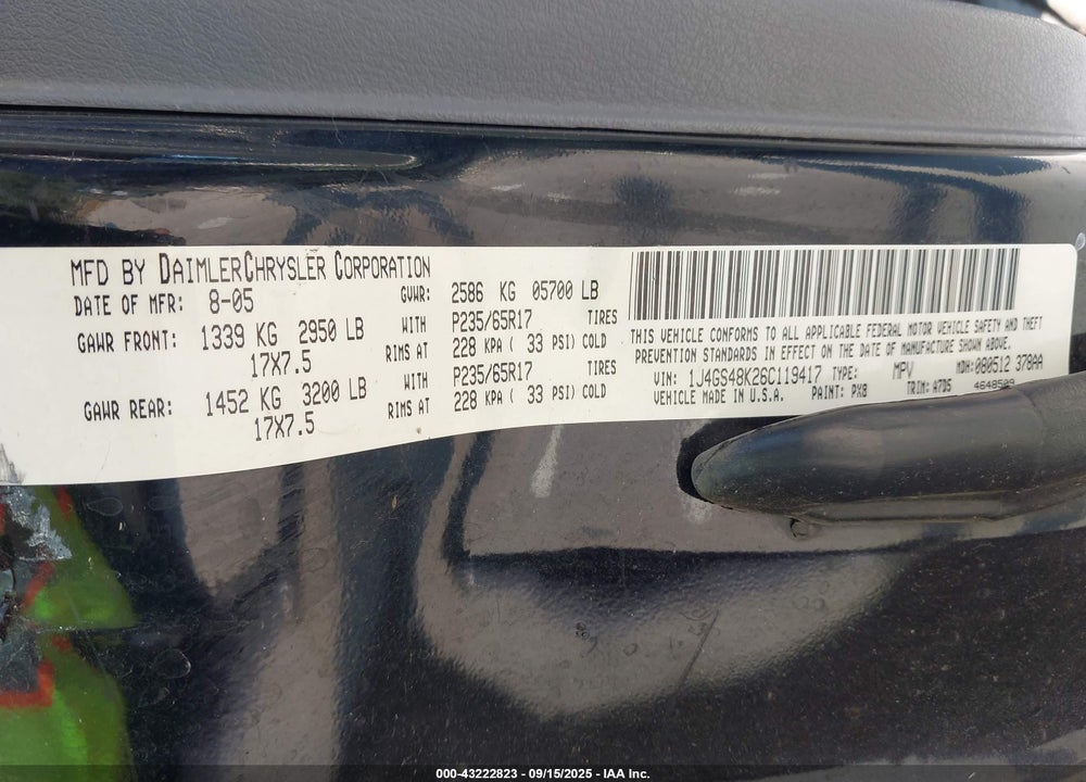 2006 JEEP GRAND CHEROKEE LAREDO VIN: 1J4GS48K26C119417