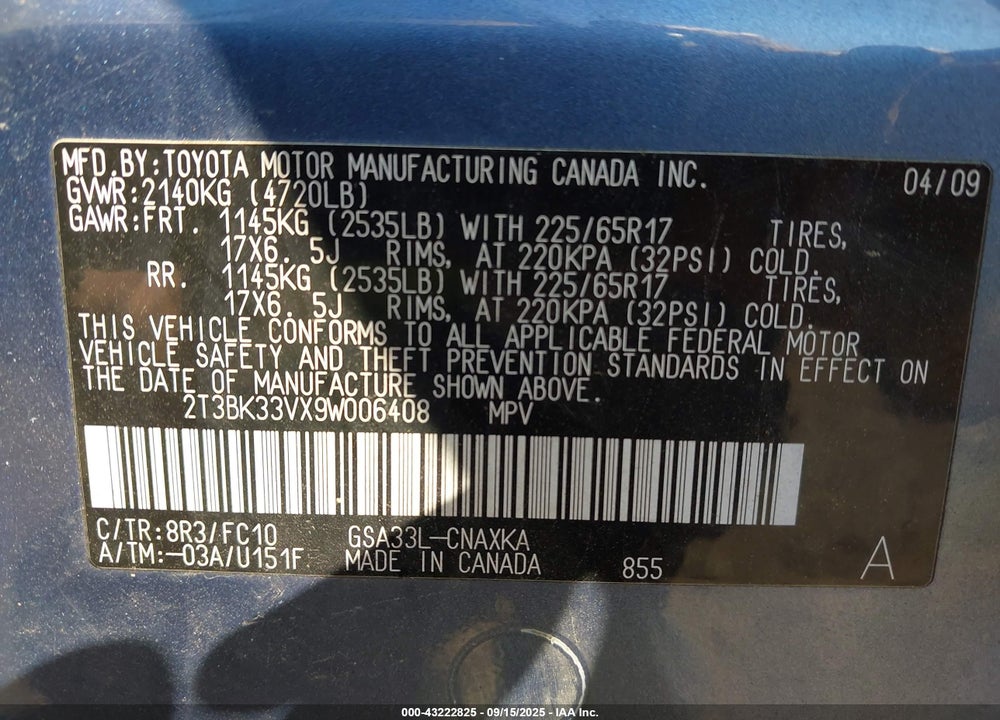 2009 TOYOTA RAV4 BASE V6 VIN: 2T3BK33VX9W006408