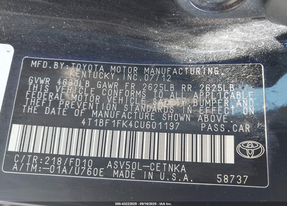2012 TOYOTA CAMRY VIN: 4T1BF1FK4CU601197