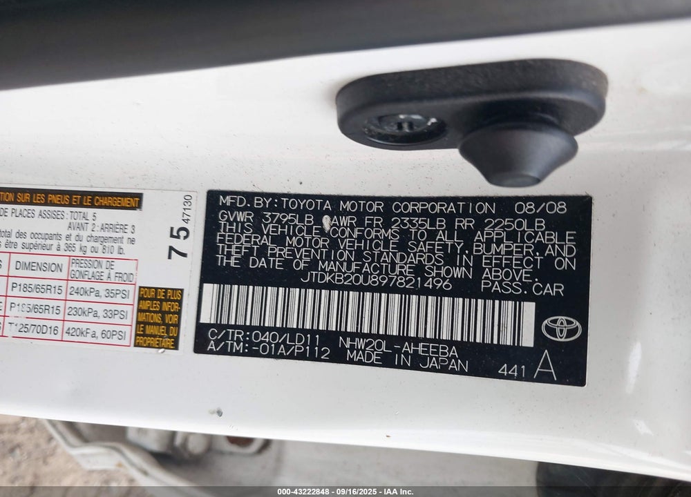 2009 TOYOTA PRIUS VIN: JTDKB20U897821496