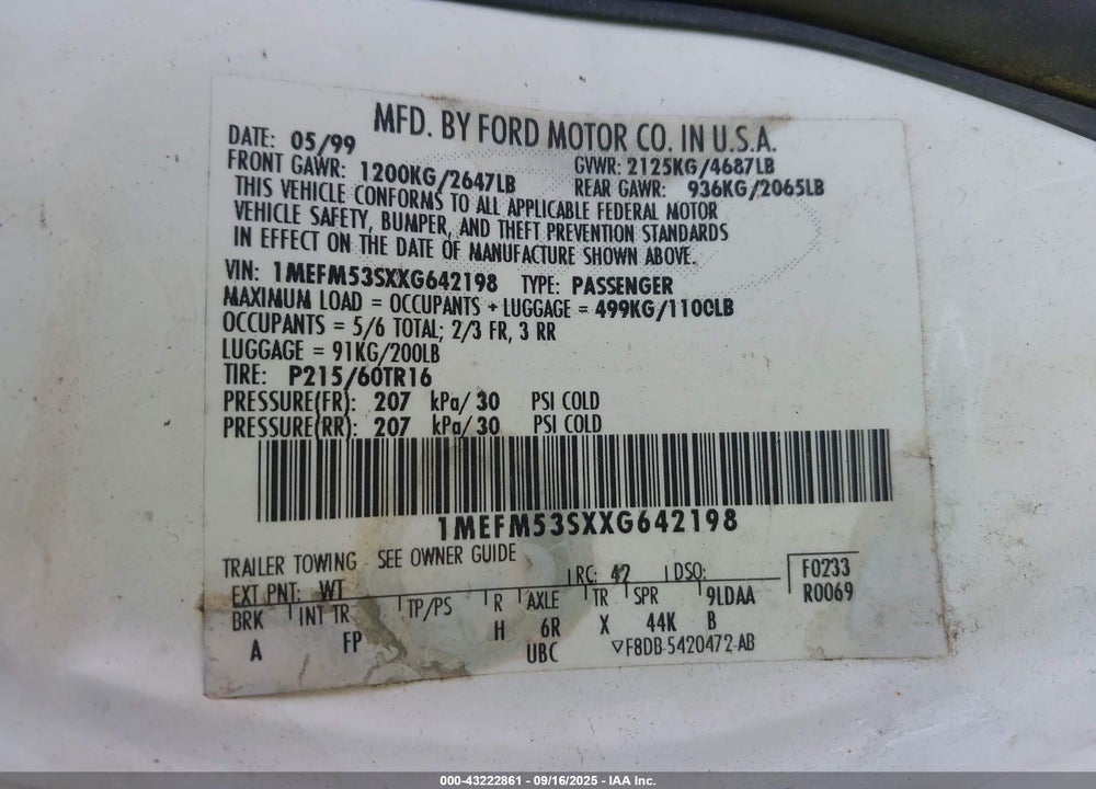 1999 MERCURY SABLE LS VIN: 1MEFM53SXXG642198