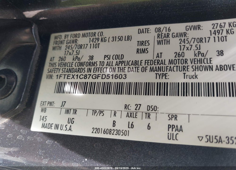 2016 FORD F-150 XLT VIN: 1FTEX1C87GFD51603