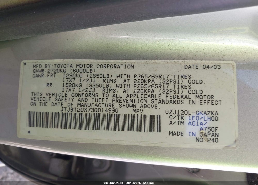 2003 LEXUS GX 470 VIN: JTJBT20X730014990