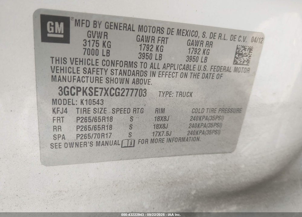 2012 CHEVROLET SILVERADO 1500 VIN: 3GCPKSE7XCG277703