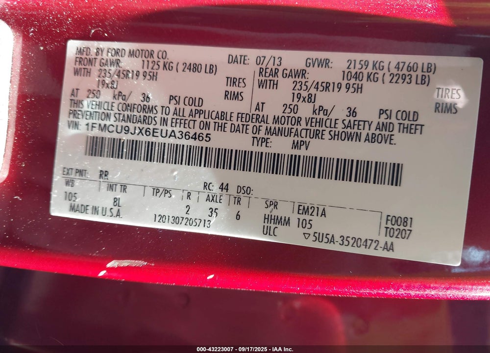 2014 FORD ESCAPE VIN: 1FMCU9JX6EUA36465