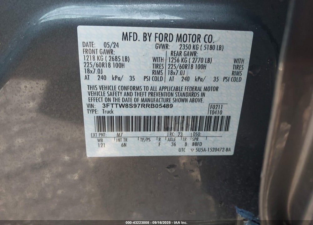 2024 FORD MAVERICK LARIAT VIN: 3FTTW8S97RRB05489
