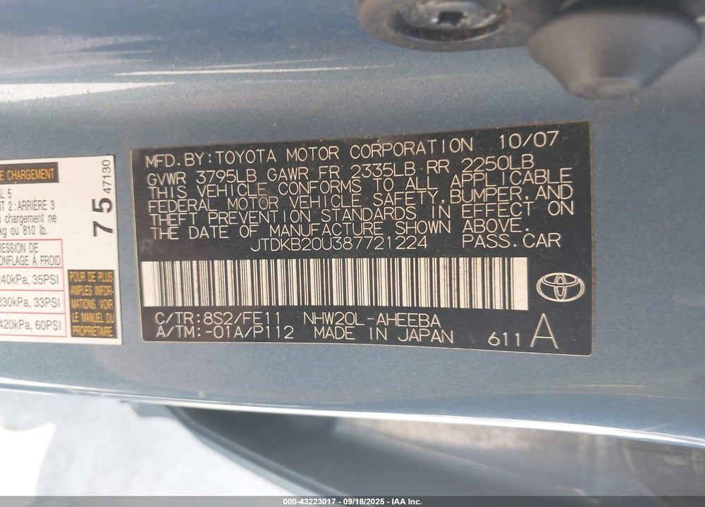 2008 TOYOTA PRIUS VIN: JTDKB20U387721224