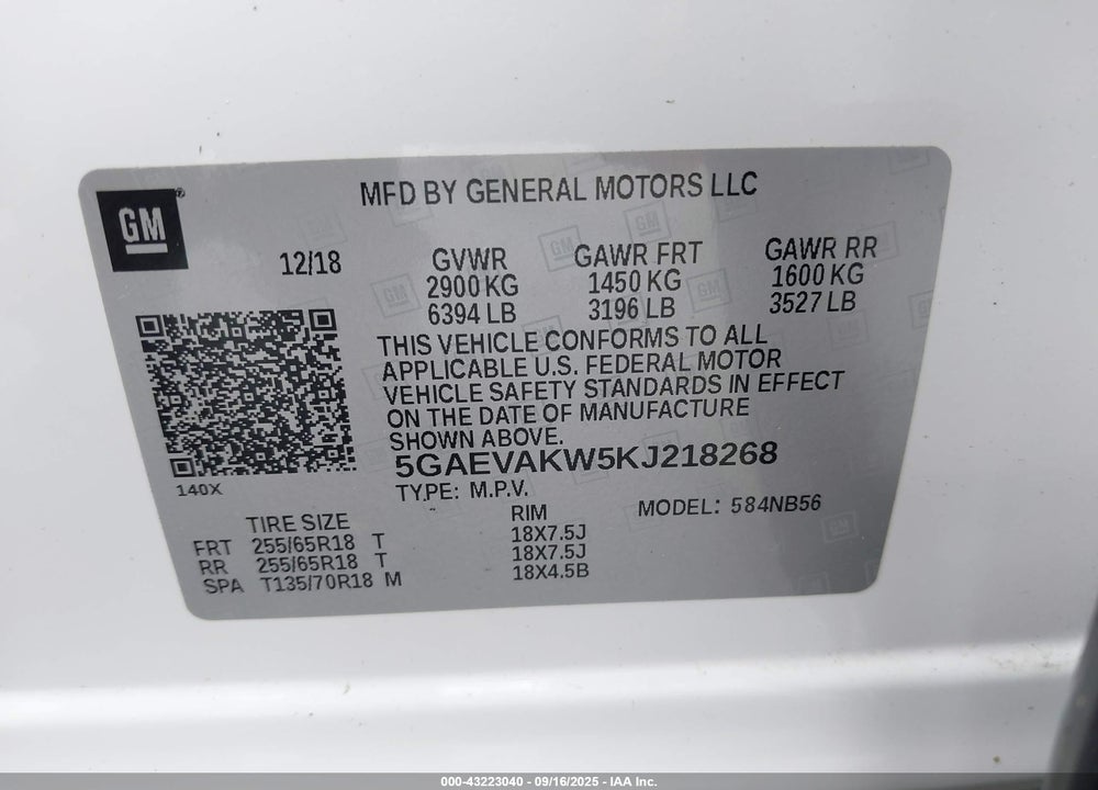 2019 BUICK ENCLAVE VIN: 5GAEVAKW5KJ218268