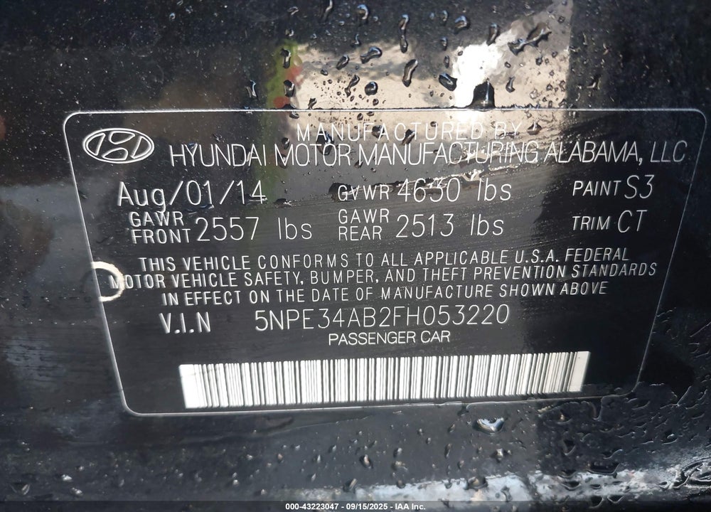 2015 HYUNDAI SONATA VIN: 5NPE34AB2FH053220