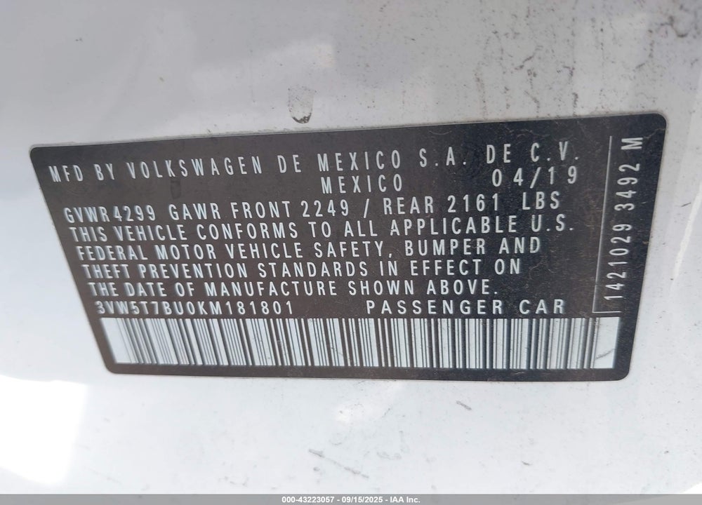 2019 VOLKSWAGEN JETTA VIN: 3VW5T7BU0KM181801