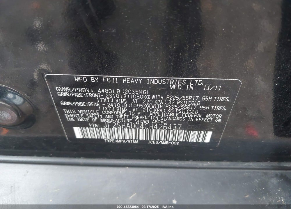2012 SUBARU FORESTER VIN: JF2SHADC4CH426437