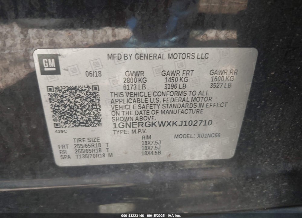 2019 CHEVROLET TRAVERSE VIN: 1GNERGKWXKJ102710