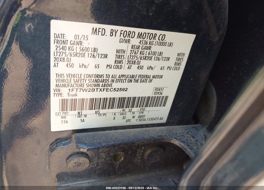 2015 FORD F-250 VIN: 1FT7W2BTXFEC52592