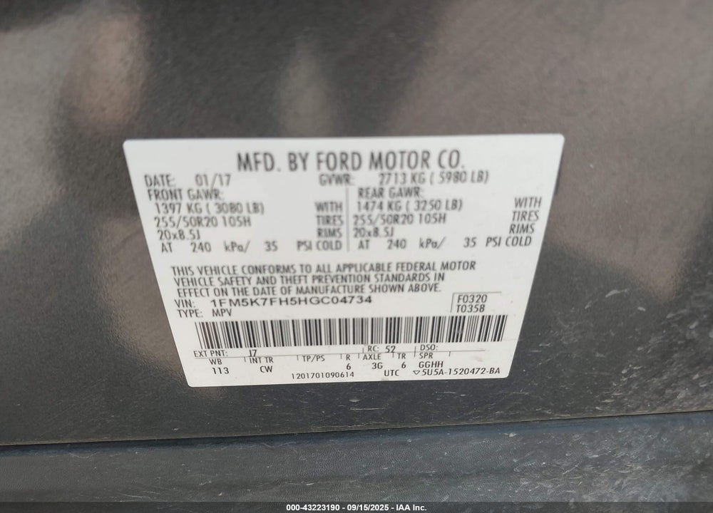 2017 FORD EXPLORER VIN: 1FM5K7FH5HGC04734