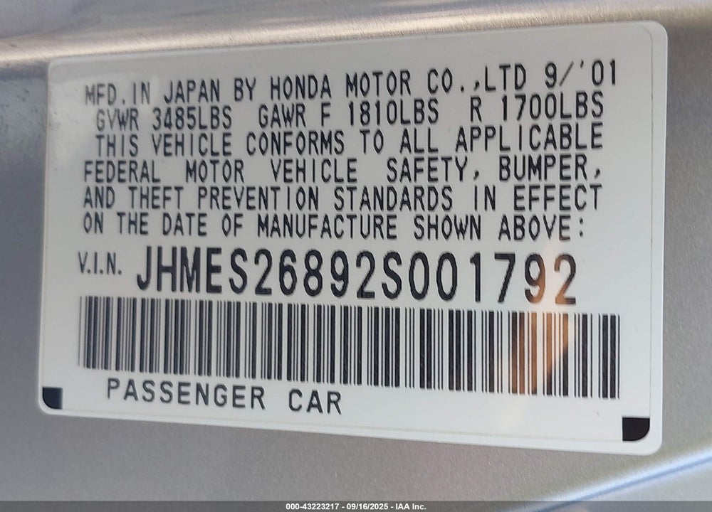 2002 HONDA CIVIC EX VIN: JHMES26892S001792