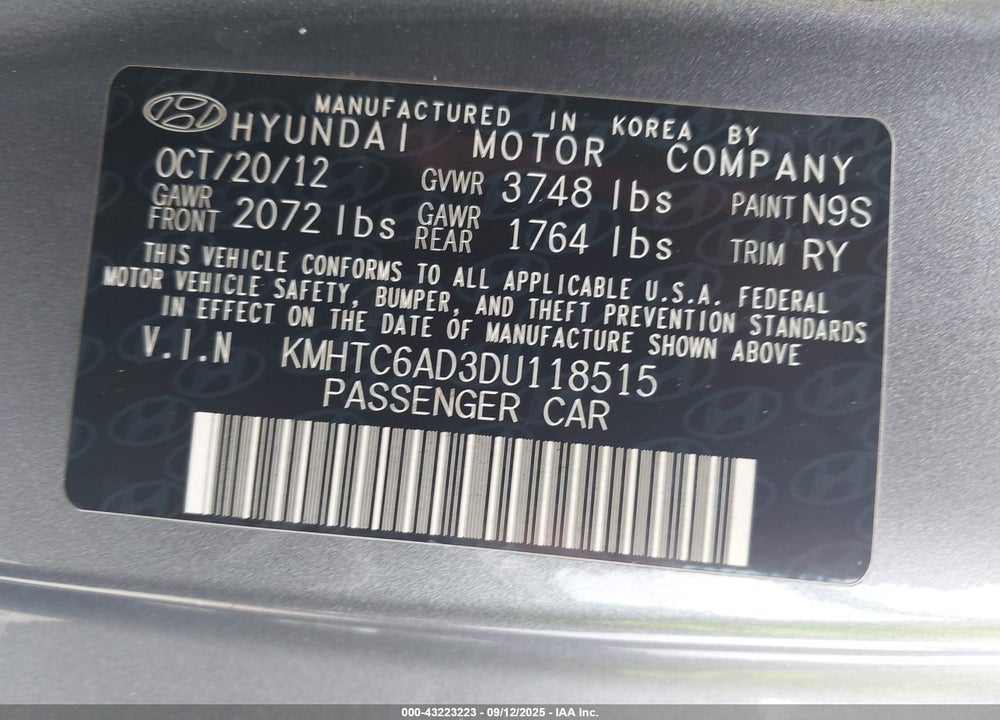 2013 HYUNDAI VELOSTER BASE W/BLACK VIN: KMHTC6AD3DU118515