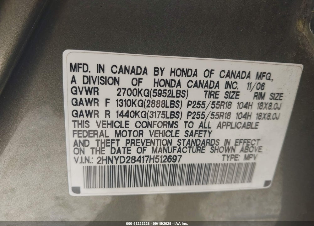 2007 ACURA MDX VIN: 2HNYD28417H512697