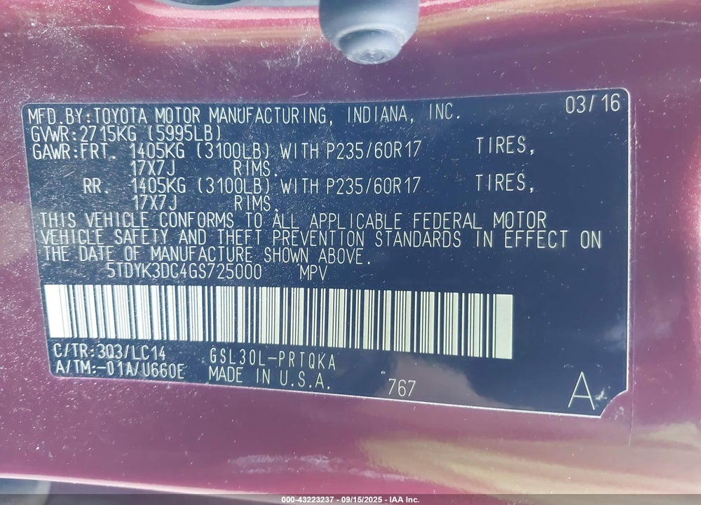2016 TOYOTA SIENNA XLE 8 PASSENGER VIN: 5TDYK3DC4GS725000